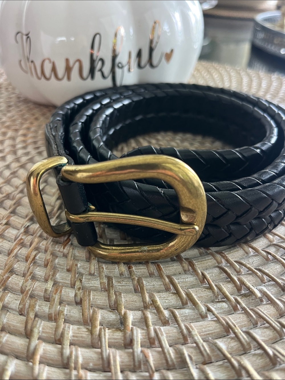 EUC vintage Coach woven black braided leather solid brass buckle size 38